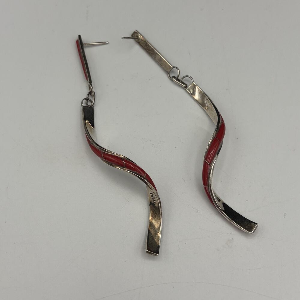 Vintage Native American Sterling Silver Coral Inlay Twisted Dangle Earrings